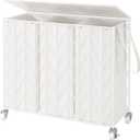 WOWLIVE Laundry Basket with Wheels, 142L Laundry Hamper 3 Section with Lid, Dirty Clothes Hamper with Removable Bags, Large Capacity Iron-Made Laundry Basket Organizer Laundry Sorter for Dorm, White