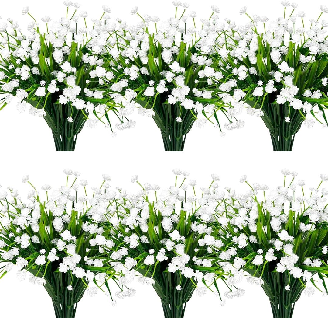 12 Bundles Artificial Flowers for Outdoors Summer Decor, Realistic UV Resistant Fake Plants Faux Plastic Flowers for Outside Planter Home Gardens Patio Porch Yards Spring Cemetery Decor(White)