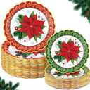 Havawish 100 Pcs Christmas Paper Plates Set, 7 in 9 in Red and Green Poinsettia Flower Disposable Scalloped Paper Plates with Gold Foil for Xmas Party Dinnerware Supplies