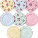 BTaT- Porcelain Floral Plates Set of 8, 8 Inch, Assorted Pastel Colors with Golden Rim, Floral Dessert Plates, Spring Dinnerware, Dishwasher & Freezer Safe, Mothers Day Gift