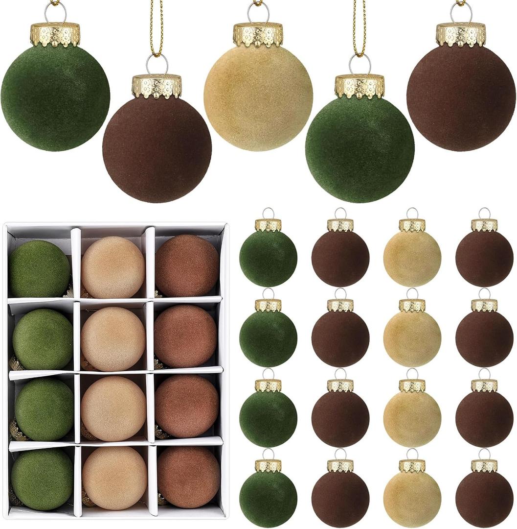 24 Pcs Velvet Christmas Balls Flocked Christmas Tree Hanging Ornaments Shatterproof Hanging Balls Decorations for Xmas Tree Family Holiday Party Home Decor (Brown, Green, Beige, 6 cm)