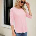 Kancystore Womens 3/4 Length Sleeve Tops Casual Loose Fit Tunic Shirts Crewneck Basic Tees (Pink, S)