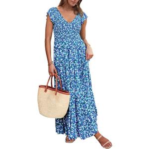 PRETTYGARDEN Women's Summer Flowy Maxi Dress Casual Cap Sleeve V Neck Smocked Beach Sundress Medium