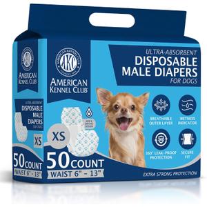 American Kennel Club Male Dog Wrap, Disposable Diapers with Wetness Indicator, X-Small, 50 Count