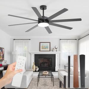 65-Inch Ceiling Fan with Light and Remote,8-Blade 6-Speed Reversible Quiet DC Motor,Bedroom, Modern Ceiling Fan with Living Room,Library,Cafe,Outdoor/Industrial, Black.