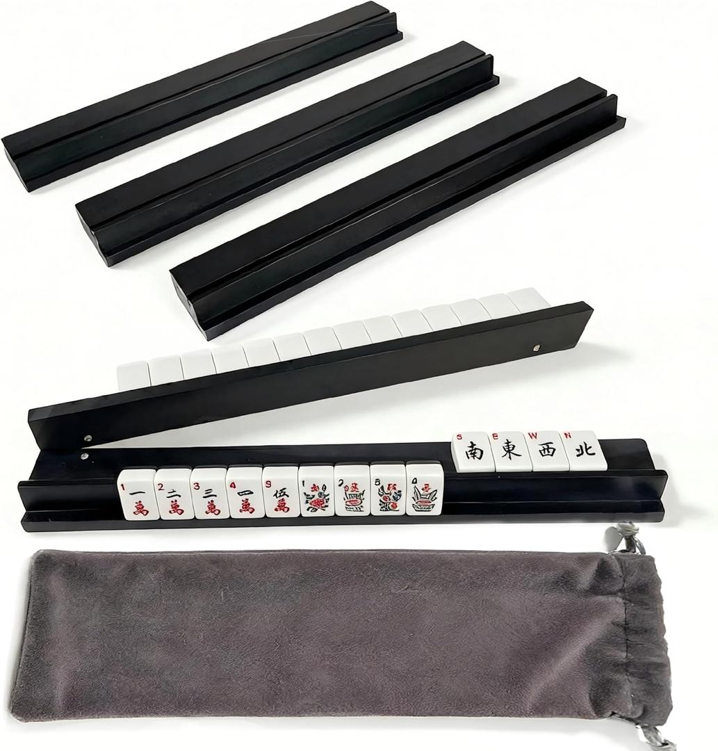 Mahjong Racks with Pushers Set of 4, Solid Pine Wood Tile Holders in Vintage Black, 17.3 Inch All-in-One Trays for American Mahjong, Dominoes & Mexican Train, Handcrafted Game Accessories(Black)