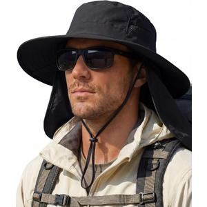 Sun Hats for Men Wide Brim Bucket Hat with Neck Flap for Fishing & Hiking Mens Sun Hat for UV Protection (One Size, Black)