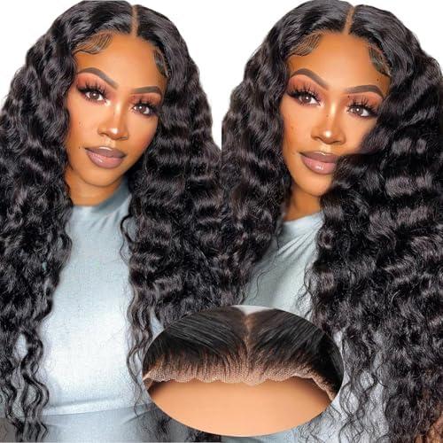 Hevgf Glueless Curly Wigs Human Hair 9x6 Wear and Go Wig Human Hair Pre Plucked Pre Cut Black Deep Wave Closure Lace Front Wigs Human 12a 220% Density Loose Curly Wig Bleached Knots for Women 24 Inch
