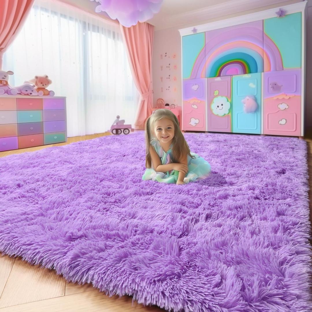 Purple Area Rugs for Girls Bedroom,5x8 Rug,Fluffy Shag Rug for Living Room,Thick Furry Rugs for Kids Room,Shaggy Throw Rug for Nursery,Playroom,Kawaii Fuzzy Plush Carpet,Cute Room Decor for Baby