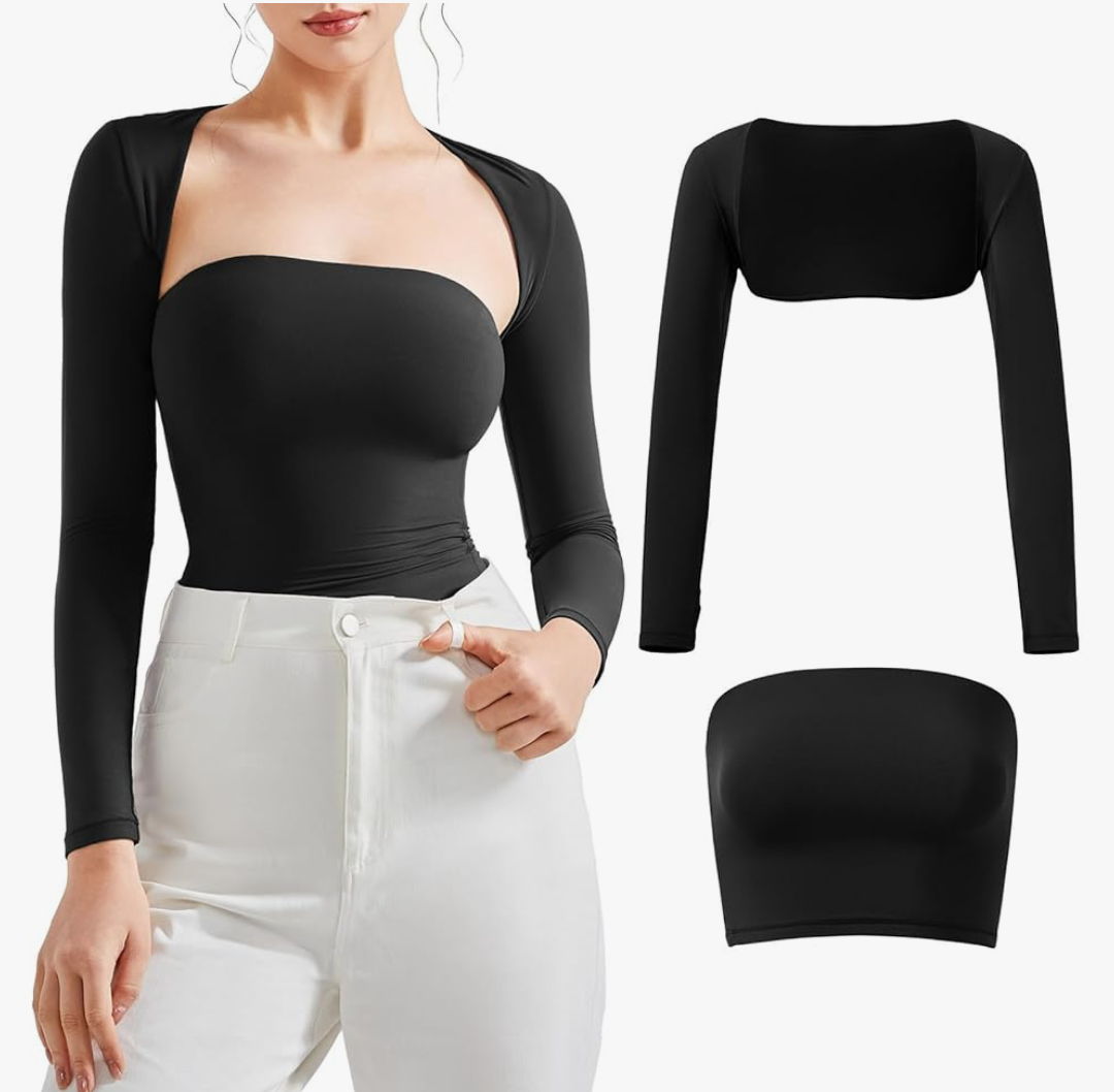 SUUKSESS Women 2 Piece Long Sleeve Bolero Open Front Shrug Sexy Double Lined Tube Top S