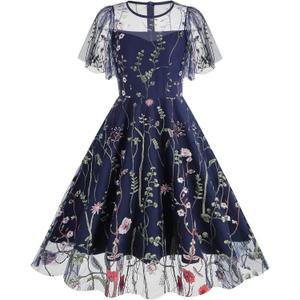Women Keyhole Floral Embroidery Dress Sheer Mesh Illusion Vintage Cocktail Swing Dress Wedding Party Prom Tulle Evening Dress (X-Large, Navy Blue-ruffle Sleeve)
