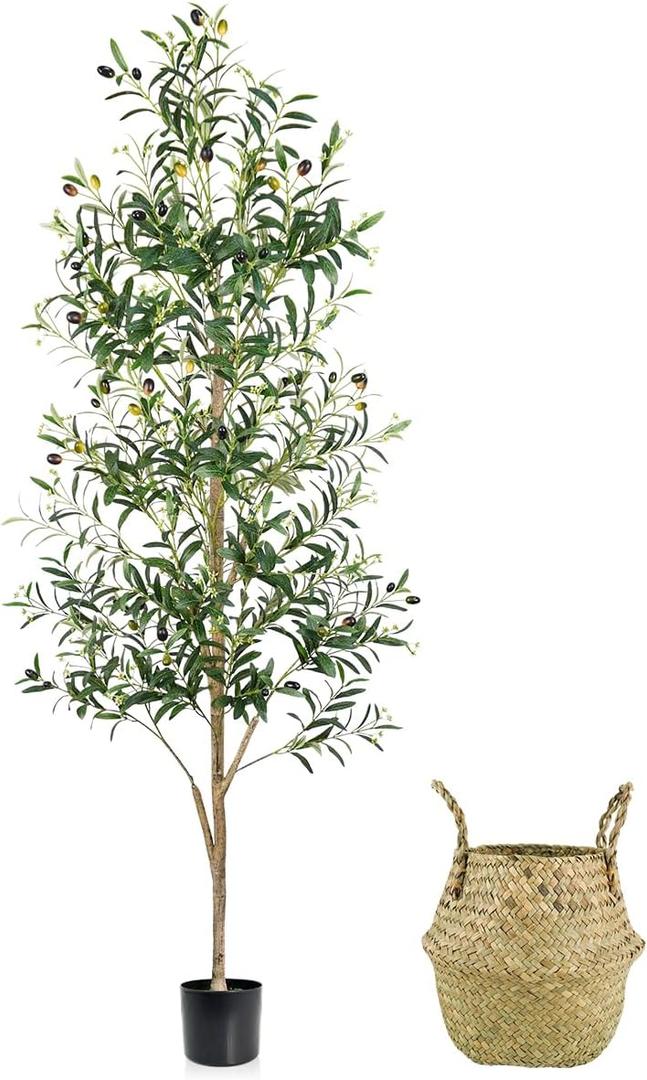 Faux Olive Tree 6FT, Artificial Potted Tree with Planter, Silk Plants Indoor Outdoor, Lifelike Olive Plants with Natural Wood Trunk, Fruits and Buds, Home Office Decor, 1 Pack