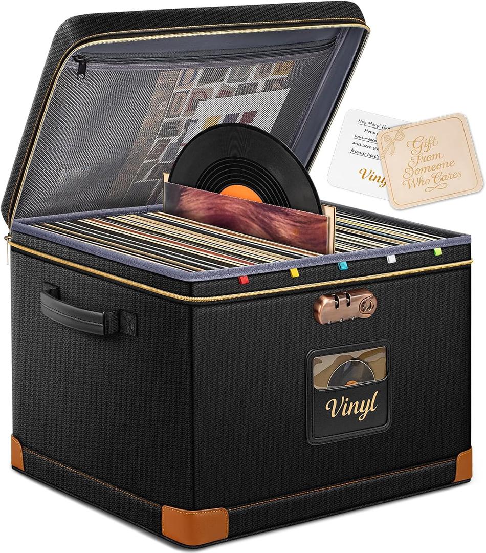 DEEGO Vinyl Record Storage Box with Lock, Fireproof & Water-Resistant Record Album Storage for 150+ 12-Inch LPs, Sturdy Record Case with Side & Bottom Support Panels, Gifts for Record Collectors