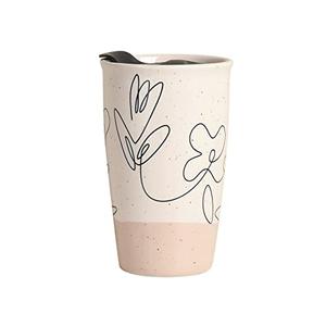 ANTIS'S HOME Ceramic Coffee Mug with Lid, Flower Pattern Double Wall Coffee Travel Mug Ceramic Tumbler 9.64oz, Reusable Tall Cup, Splash Resistant Lid, Dishwasher Microwaveable Safe
