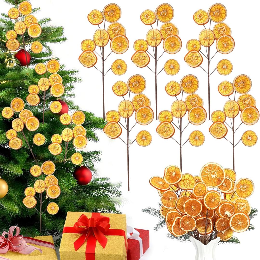 6 Pcs Dried Orange Slice Christmas Picks 14'' Christmas Tree Wreath Ornaments Rustic Xmas Decorations Farmhouse Xmas Branches Hanging Decoration Home Office Paty Ornaments
