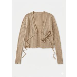 Beige Rib-Knit Cropped Tie-Front Cardigan with Long Sleeves S