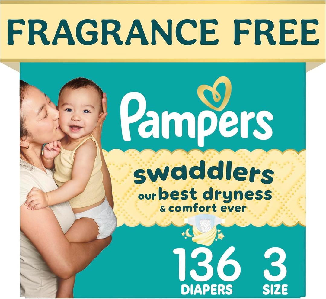 Pampers Swaddlers Diapers, Size 3 (13-26 lbs), 136 Count, Absorbent, Keeps Baby Dry and Comfortable, Skin Safe Disposable Baby Diaper