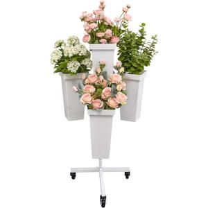 DYALE Flower Display Stand with Buckets - Flower Cart with Wheels for Bouquet Shop, Metal Flower Rack Display Stand for Wedding Garden, Party, Events (White, Square buckets)