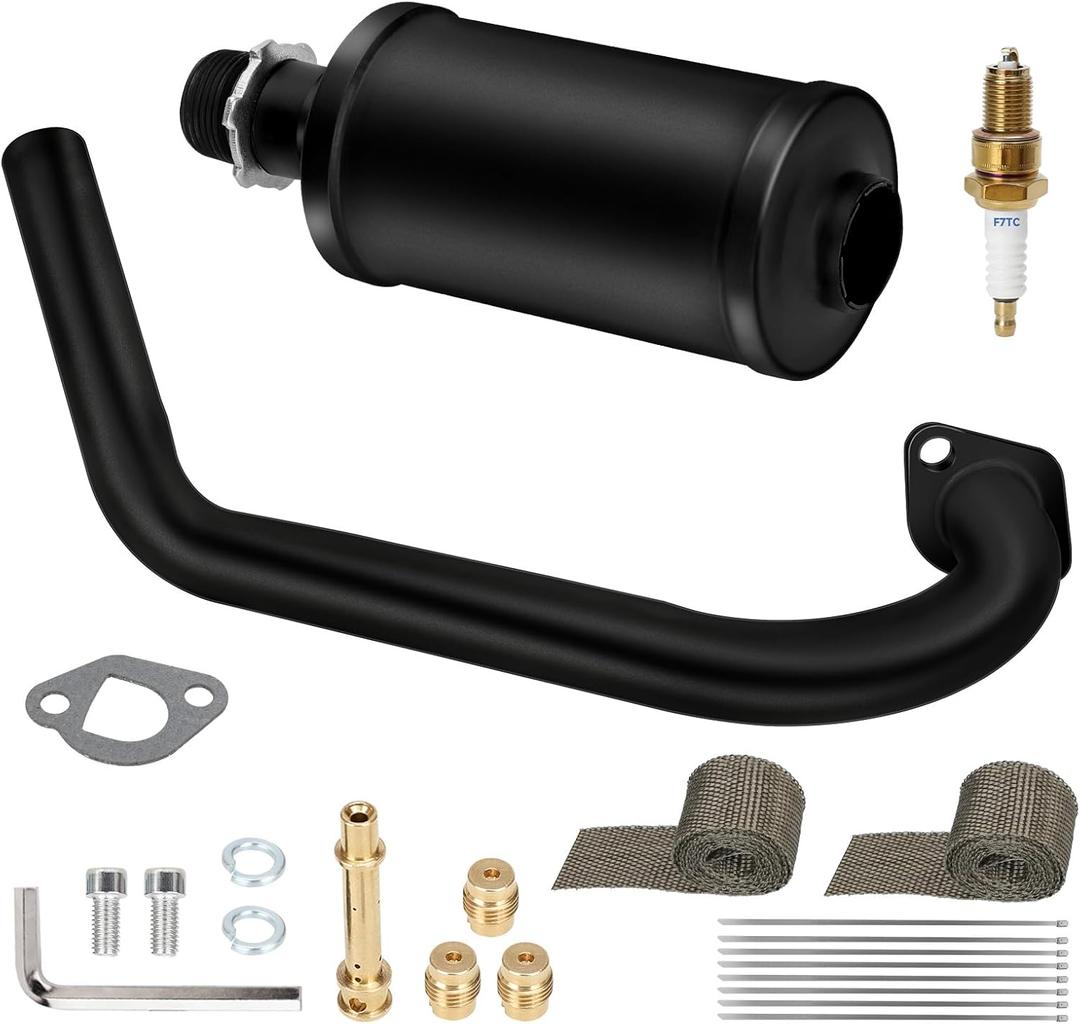 HIAORS Racing Exhaust Pipe Muffler Main Jet Kit for Predator 212cc 196cc 224cc 6.5hp Coleman CT200U BT200X CT200U-EX Mini Bike KT196 Go Kart Baja Warrior MB165 MB200 Performance Parts with Heat Shield (Black)