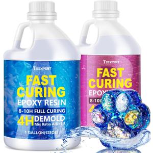 Teexpert Epoxy Resin - Fast Curing Resin 2 Gallon 4 Hours Demold Crystal Clear & Self-Leveling Casting Resin 8-10 Hours Quick Cure Epoxy Resin Kit for Jewelry, Ring, Keychains, Coaster, Wood, Molds (256 OZ)