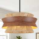23.6" Large Hand-Woven Rattan Chandelier with Wood Texture | 4-Light, Boho Farmhouse Chandelier, Adjustable Height, for Dining Room Kitchen Island Living Room Bedroom Hallway