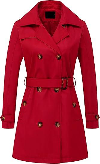 Chrisuno Women's Double Breasted Trench Coats Mid-Length Belted Overcoat Long Dress Jacket with Detachable Hood, Red, Size: 2XL