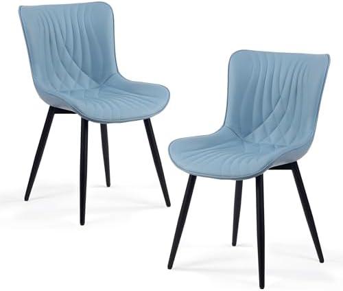 Kidol&Shellder Blue Dining Chairs Set of 2,Faux Leather Upholstered Mid Century Modern Kitchen&Dining Room Chair with Back,Ergonomic Armless Vanity&Living Room Chair with Metal Legs