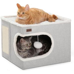 Cat Bed for Indoor Cats Cube House, Covered Cat Cave Beds & Furniture with Scratch Pad and Hideaway Tent, Cute Modern Cat Condo for Multi Small Pet Large Kitten Kitty, Grey (16.5"D x 16.5"W x 13"H)