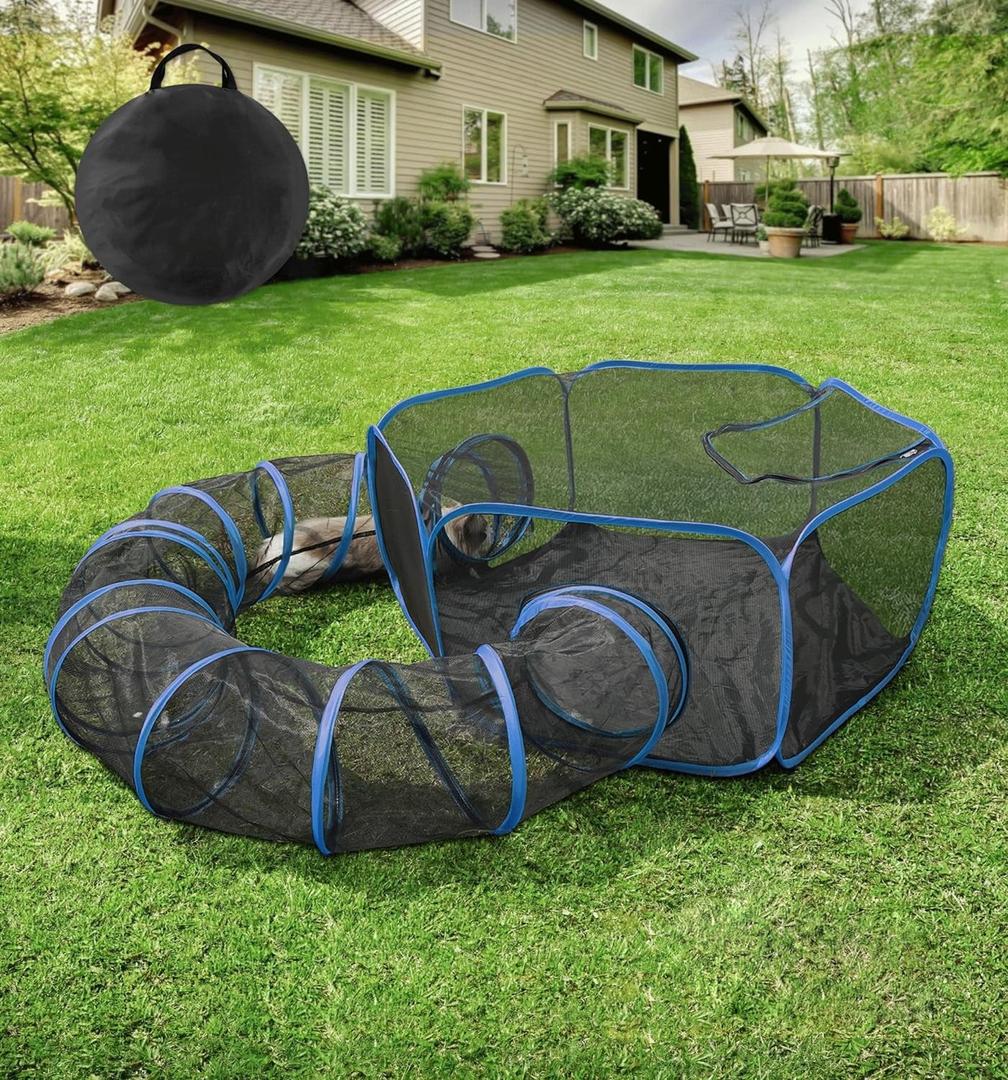 Outdoor Cat Enclosure, Portable Cat Tents for Outside with Storage Bag, Outside Cat Playpen Pet Enclosure with Toy Ball, Cat Tunnel Outdoor Playground for Cats & Small Animals (2-in-1 cat enclosures set)