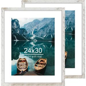 Hongkee 24x30 Frame Set of 2, Distressed White Wood Style - Display 18x24 Picture Frame with Mat or 24 x 30 Poster without Mat, Wall Mounting Horizontal and Vertical