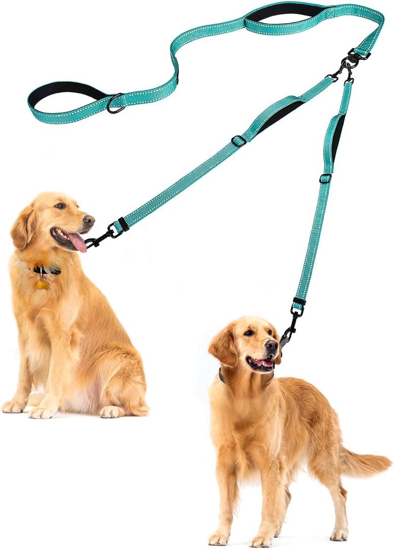 PetBonus Double Dog Leash, No Tangle Dual Dog Leash, Reflective Walking Training Leash, 4 Comfortable Padded Handles for 2 Dogs with Collapsible Bowl and Waste Bags (Turquoise, Large)