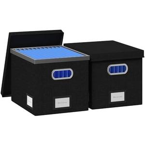 GRSQYS File Organizer Box - File Boxes for Hanging Files with Lid Set of 3 Decorative Hanging Folders Organizer with One-Piece Plastic Frame Slides (Black, 13.2 * 10.1 * 10.1in(2Pack))