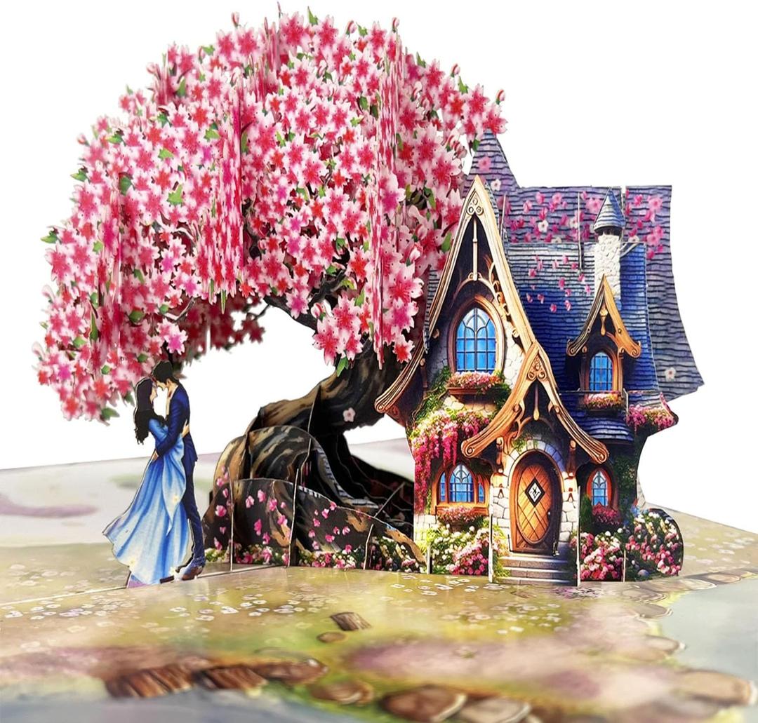 3 x Anniversary Card Enchanting 3D Pop-Up Love Cottage with Couple Under Cherry Blossom | Romantic Gift for Wife, Husband, or Partner | Valentines Day & Mothers Day Card for Wife (6"x8")