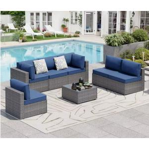7-Piece Wicker Outdoor Sectional Sofa Set with Navy Blue Cushions, HD-7YTBSF-DB, Set Includes 2 Corner Sofas, 4 Armless Sofas, And Coffee Table