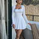 Kaximil Women's Square Neck Ruffle Hem Mini Dress Ruched Waist Long Sleeve Corset Short Party Dresses, Whi (M)
