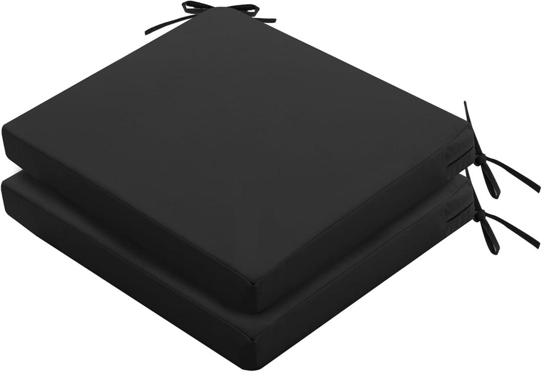 Outdoor Chair Cushions Set of 2: Waterproof & Color Fastness Seat Cushion for Patio Furniture - 22 x 22 x 3 Inch Chair Pads with Ties and Hidden Zipper - Patio Chair Cushion Replacement, Black