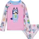 Bluey Girls Raglan Rash Guard and Bikini Bottom UPF 50+ Swim Set Toddler to Big Kid Sizes (2T - 10-12) (Pink)