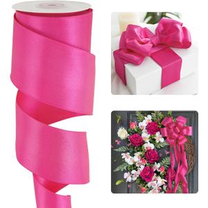 HUIHUANG Hot Pink Satin Wired Ribbon 2.5 inch Fuchsia Pink Wire Edge Ribbon for Wreaths, Bows Making, Gift Wrapping, Garland, Home Decor, Crafts, Christmas Tree Bows-Continous 10 Yards