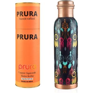 Pure Printed Copper Water Bottle - Leak Proof Ayurvedic Drinkware Copper Vessel for Sports, Gym, Outdoors, Yoga, Health Benefits (32.1 Ounces, Design 18)