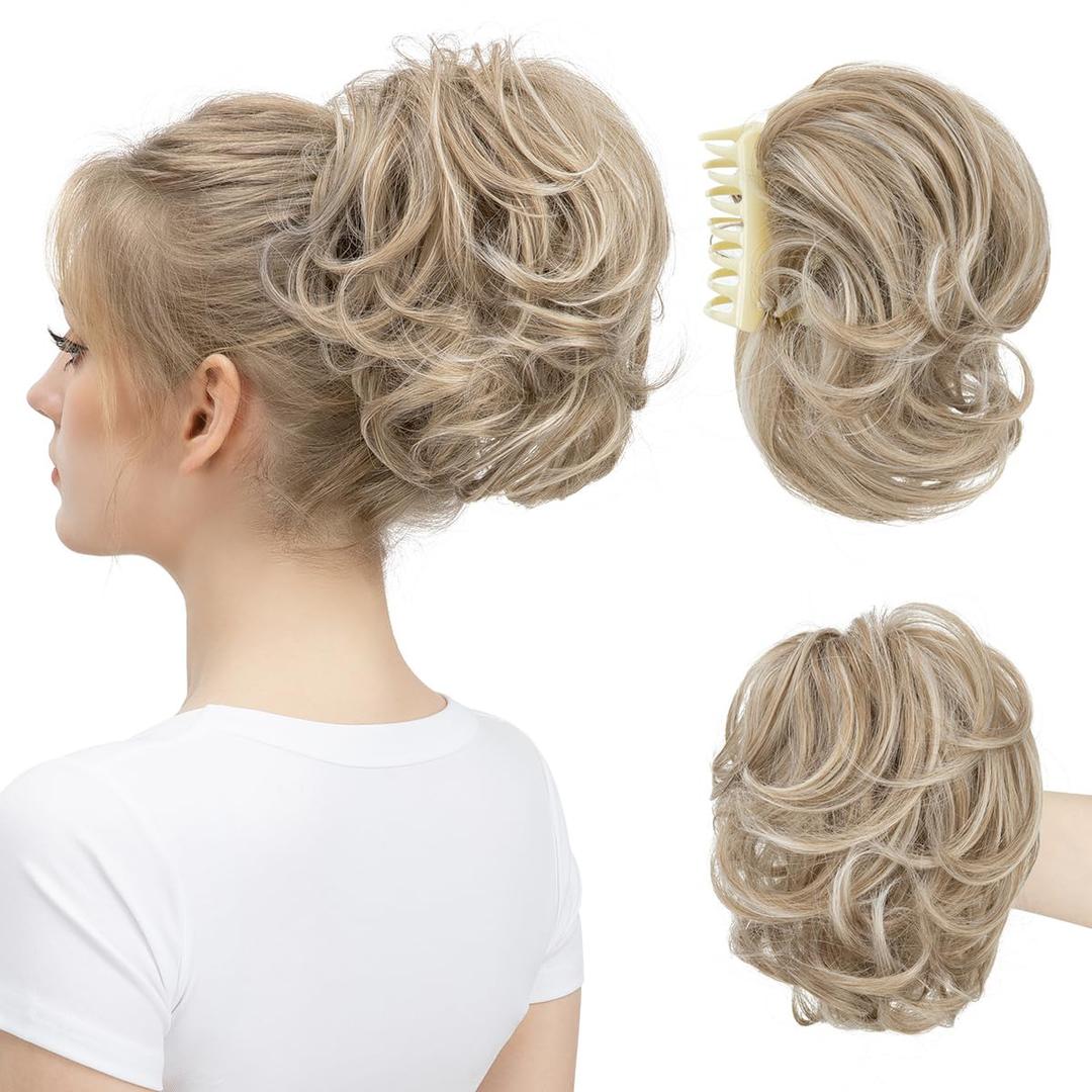 Claw Clip Short Ponytail Messy Bun Hair Piece Bendable Hair Branch Extensions Fluffy Wavy Curly Synthetic Versatile Ivory Blonde Hairpieces