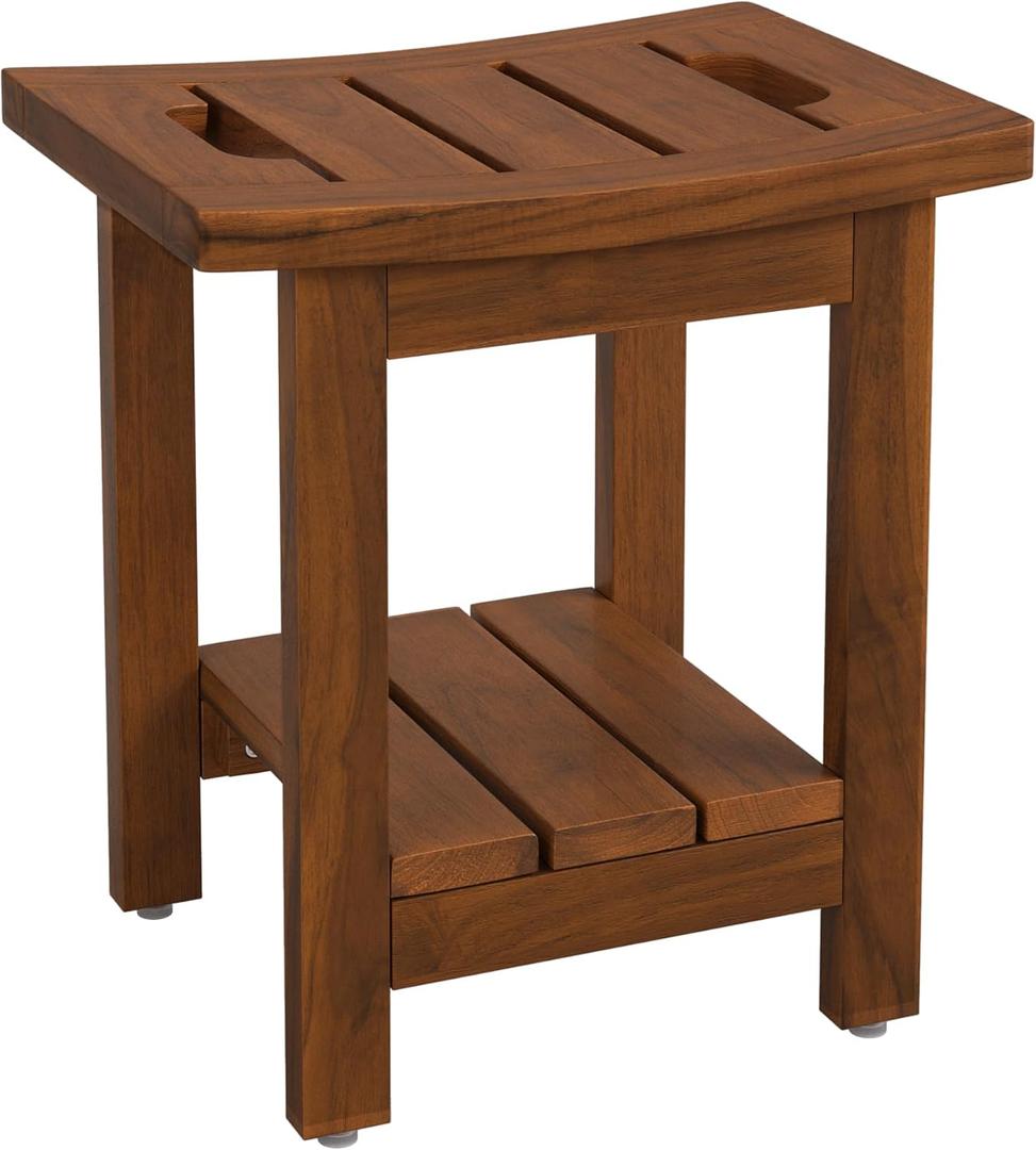 14" Teak Shower Stool, Waterproof Teak Shower Bench with Shelf & Handle for Bathroom, 300 Lbs Capacity, Brown Teak Color