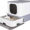 RIZZARI Foldable Cat Litter Box with Lid, Stainless Steel Litter Box with Litter Scoop, Top Entry Cat Toilet for Small to Big Cats (Light Gray) (Foldable,Black&White)