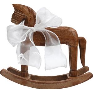 Wooden Rocking Horse for Cake Topper & Decor with Ribbon, Vintage Statue, Desk Centerpiece, Unique Collectible Decorative Figurine Ornament for Table Holiday Season Decoration Housewarming Gift, B