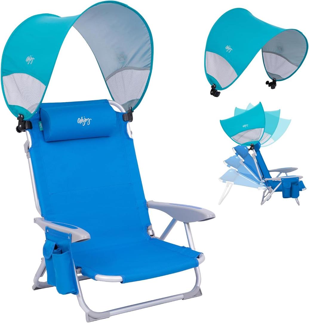 WEJOY Beach Chair with Canopy Shade, Reclining Adjustable 4 Position, Lay Flat Lightweight Folding Portable Aluminum Chair with Backpack Straps,Padded headrest, Heavy Duty 400lbs Lawn Chair for Beach