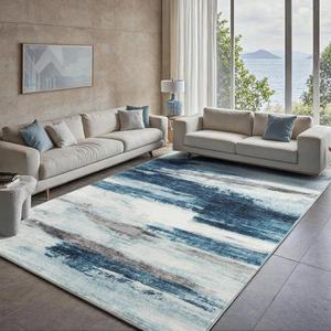 Carvapet Rugs for Living Room, Dark Blue Modern Abstract Low Pile Large Carpet with Rubber Backing, Foldable, Non Slip Machine Washable (10 x 8 Feet Rectangular, Blue Area Rug)