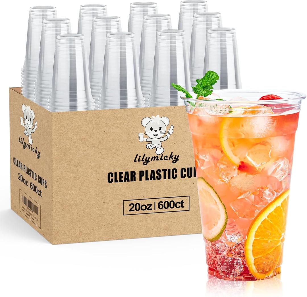 Lilymicky 600 Pack 20 oz Clear Plastic Cups, PET Disposable Drinking Cups, Crystal Clear, Perfect for Ice Coffee, Smoothie, Soda, or Any Cold Drinks (EXP 03/11/33)