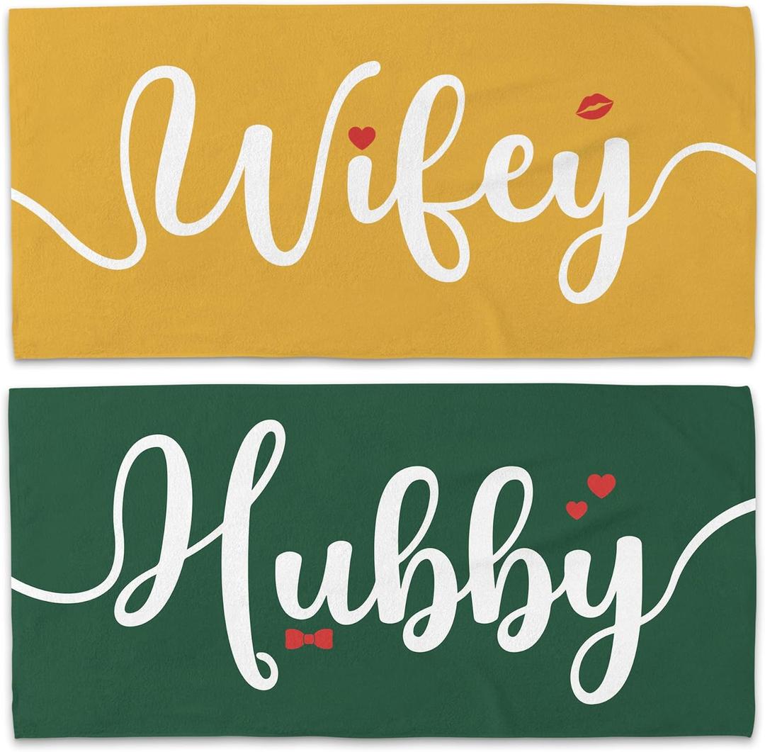 Couple Wifey Hubby Beach Towel Set of 2, Honeymoon Wedding Beach Towels Valentines Gifts for Bride Groom Him Her, Yellow And Green Towels Oversized Decor for Bathroom 30x60 In