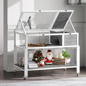 DWVO Large Tortoise Habitat with Storage Shelf & Leakproof Tray, Tortoise Cage with Legs & Wheels, Solid Wood Openable Roof Turtle Box Enclosure w Lamp Holder, Indoor Outdoor Reptile Terrarium House (37.8"L x 23.4"W x 33.9"H)