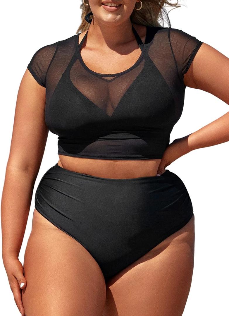 CUPSHE Women Swimsuit Plus Size Bikini Set Three Piece High Waisted Sheer Mesh Top Halter Ruched Bottom (Black)