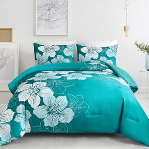 Menghomeus California King Comforter Set Gradient Teal Bedding Floral Comforter Sets Soft Microfiber Bed Comforter Set for All Season,3 Piece Botanical Flowers Comforter, Pillowcases